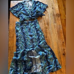 Ramy Brook blue green mermaid maxi high low maxi skirt set crop top NWT